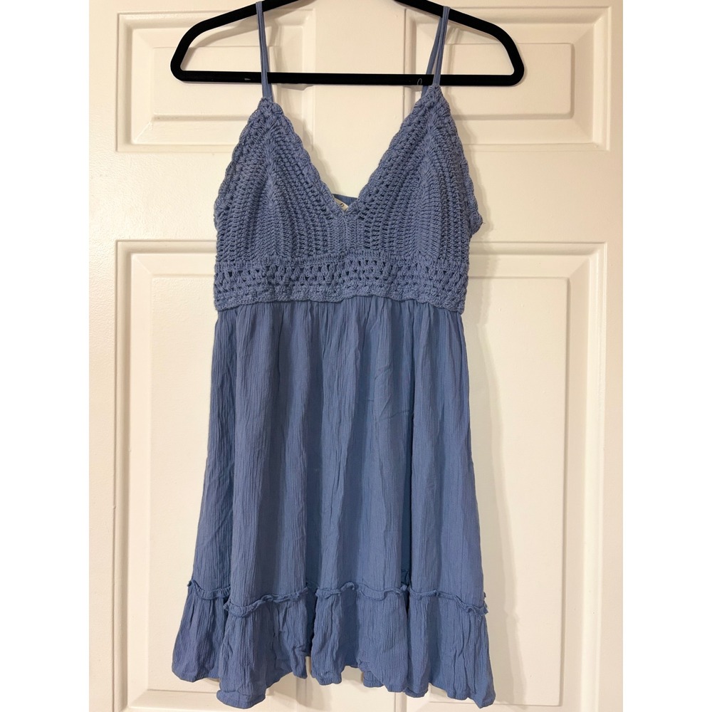 Hint of Blush | Crochet Boho Gauze Mini Dress | XL || Blue|